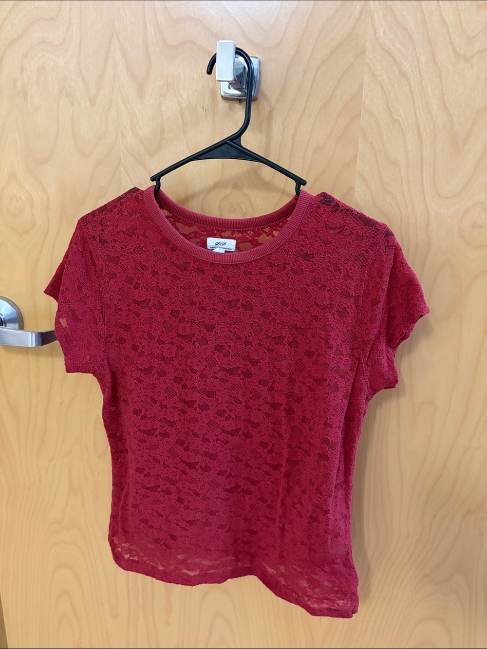 aerie Red Floral Lace Short Sleeve Tee